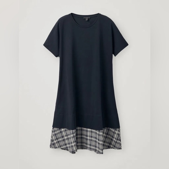 COS Black T-Shirt Dress with Contrast Plaid Hem Size Medium - Picture 1 of 11